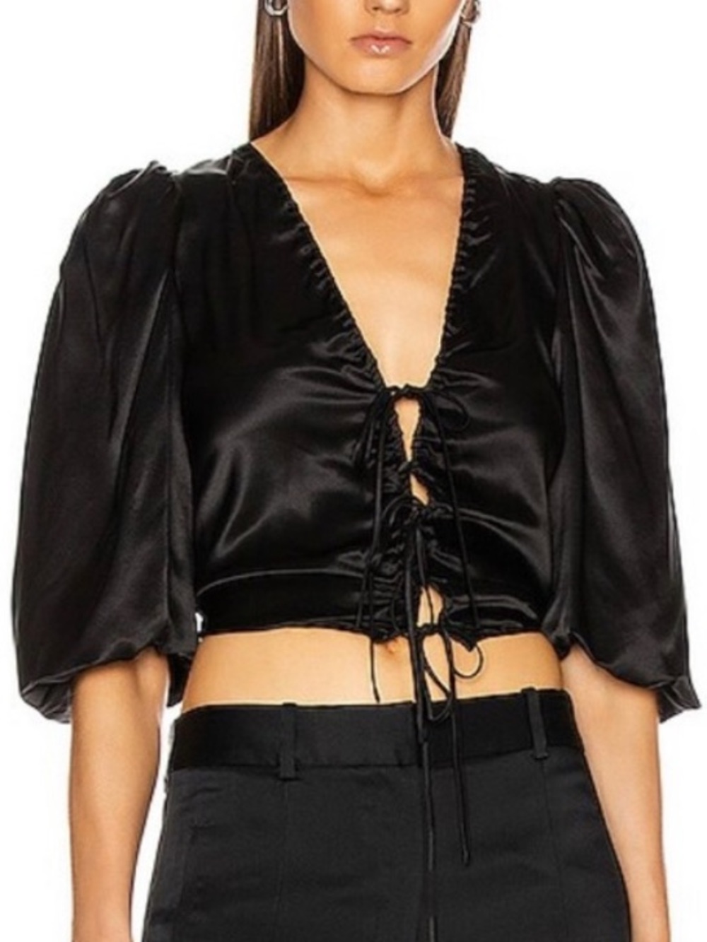 Nicholas Silk Lace-Up Black Cropped Puff-Sleeve Top